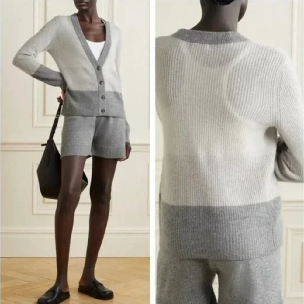 ATM Cashmere Cardigan Sweater Gray Striped Size L NWT